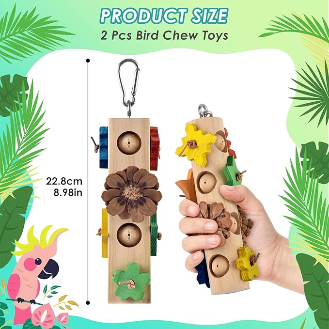 DBNESS Bird Toys for Parrot, 2 Pcs Hanging Colorful Wood Blocks Pine Cones Parakeet Chew Foraging Toy for Beak-Grinding, Cage Accessories for Small to Medium Budgies, Cockatiels, Caiques, Conures