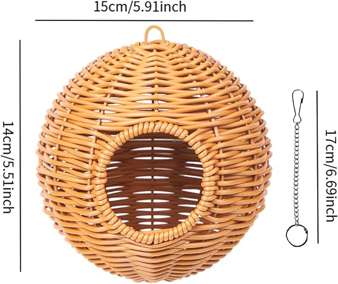 Rattan Parrot Shelter, Hand-Woven Bird House, Resistant Refuge for Small Birds, Hanging Enclosure Bed for Parakeets, Cockatiels, Lovebirds, Finches, Indoor and Outdoor Use