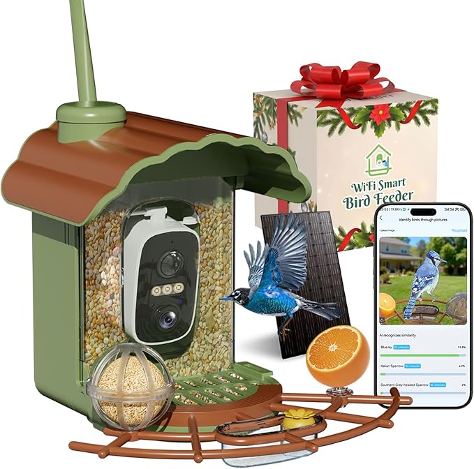 Smart Bird Feeder with Camera Solar Powered: 2K HD Video Wireless Outdoor Bird House Camera, AI Bird Species Identification & Arrival Alerts, Ideal Gift for Bird Lovers - Green