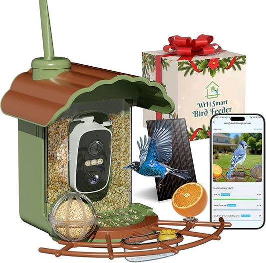 Smart Bird Feeder with Camera Solar Powered: 2K HD Video Wireless Outdoor Bird House Camera, AI Bird Species Identification & Arrival Alerts, Ideal Gift for Bird Lovers - Green