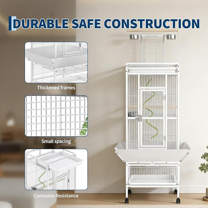 60" h Large Bird Cage, Indoor Parakeet Cage with Playtop, Bird Rope Perche, Heavy Duty Wrought Iron Bird Cage on Wheels for Parrots, Parakeets, Cockatiels, Conures