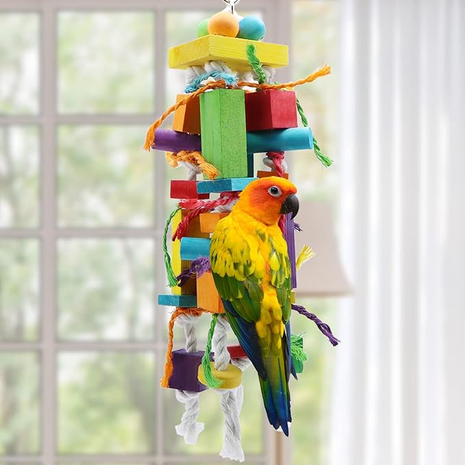 Wontee Bird Toys Parrot Chewing Wood Blocks Tearing Toys for Parakeet Cockatiel Sun Conure African Grey Indian Ringnecks Small and Medium Sized Birds (Medium)