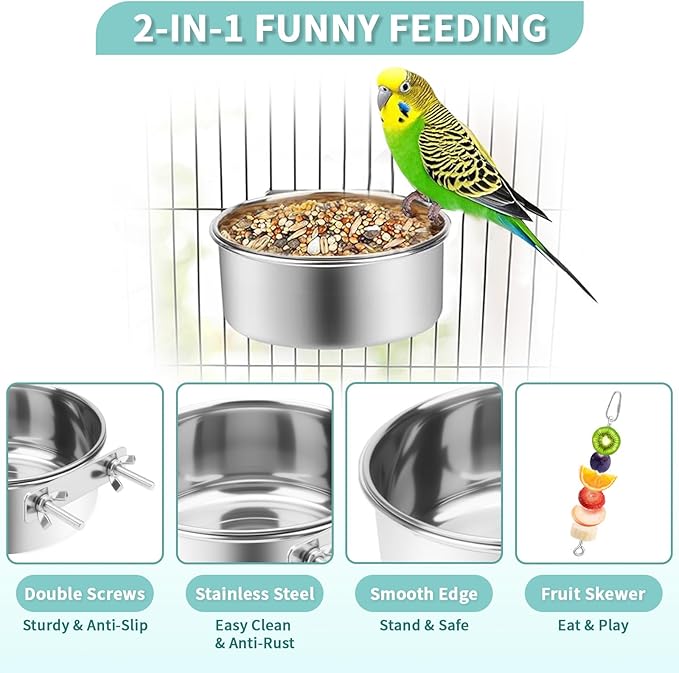 2 Pcs Bird Feeder Bowls with 3 Pcs Food Holder for Cage, Parrot Food Water Bowls and Fruit Skewer Foraging Toy, Stainless Steel Bird Feeding Dish Cups for Small Animals (Silvery, 5 Pcs)