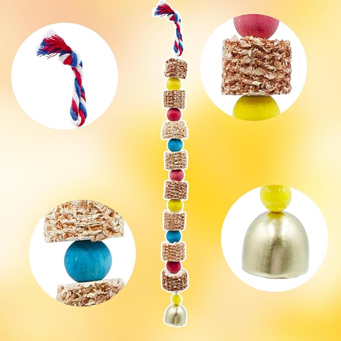 2 Pack Chew Toys for Birds, Parrot Toys with Colorful Beads Natural Corn Cob and Metal Bell, Bird Toys, Cage Accessories for Budgies, Cockatiels, Lovebirds, Green Cheeks, Small to Medium Birds