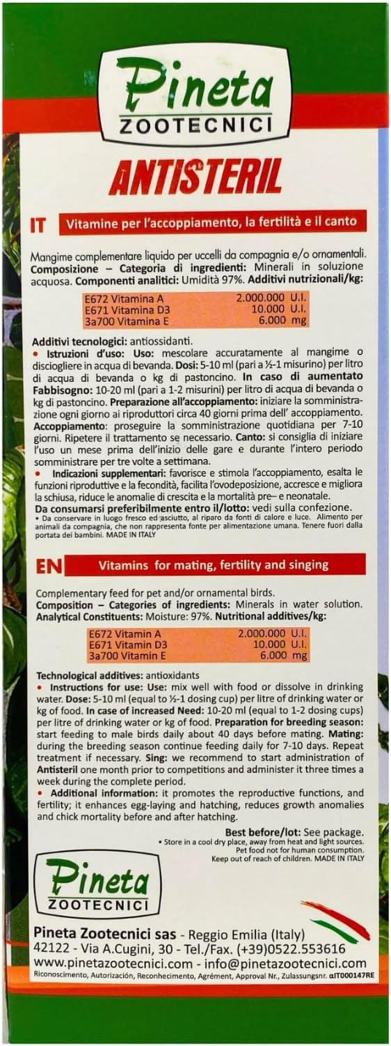 Pineta Antisteril Nutritional Antioxidant Supplement for Birds - Increases Mating, Fertility and Singing (250g)