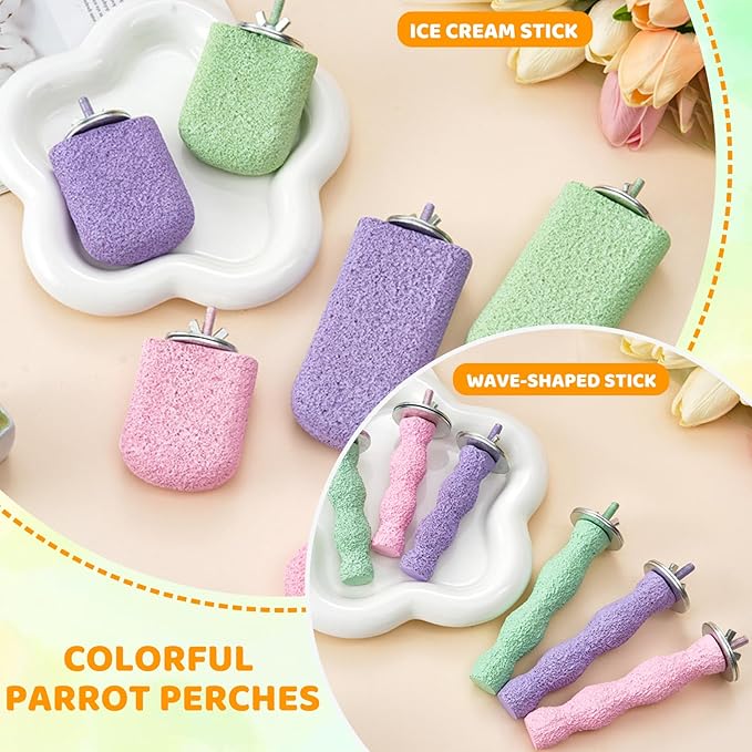 6 Pack Bird Beak Grinding Calcium Stone, Parrot Cage Perch Stand Platform Foot Claws Trimmer, Parrot Teething Stone Toy, Bird Cage Accessories for Parakeet Rabbit Bunny Hamster, Chinchilla (Large)