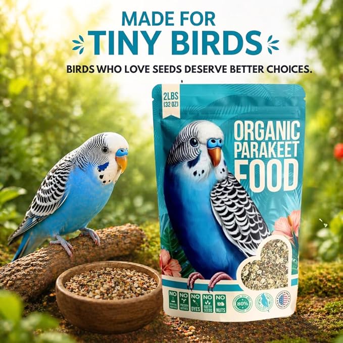 Organic Parakeet Food - No Fillers, Fatty Seeds, or Dyes - Budgies, Lovebirds & Parrotlets - Premium Human Grade Seed Mix, Grain & Wholesome Veggies – Made in USA (2 lbs)