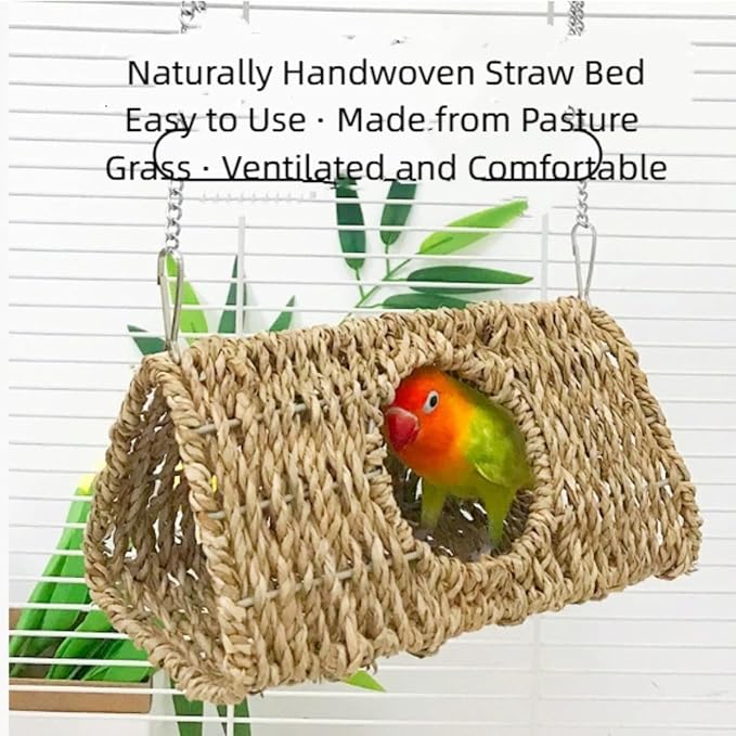 Seagrass Bird Triangle House Sea Grass Tent Parrot Tunnel with Hole Natural Hanging Hammock Swing Nest Bird Snuggle Hut Toy for Hamster Lovebird Budgie Conure Cockatiel (Large)
