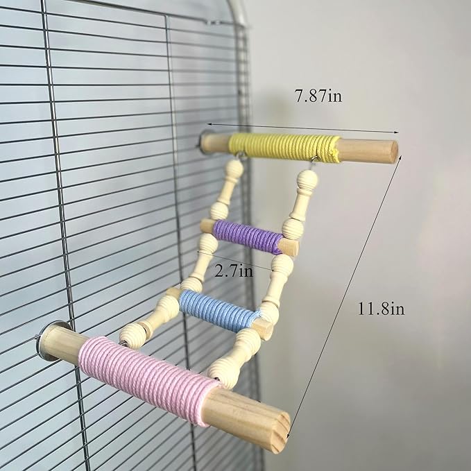 4-Step Colorful Bird Ladder Perch with Screws for Parakeets Cockatiels Lovebirds — Natural Wood & Cotton Rope Climbing Toy for Bird Cage (Screw-Mounted)