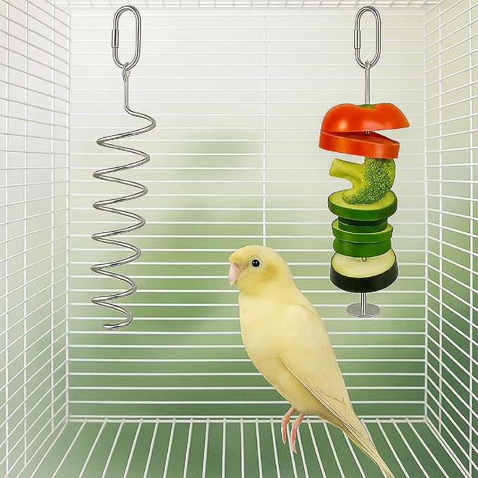 Jingmore 7 Pcs No Mess Small Bird Feeders Set Automatic Clear Parakeet Feeder and Watered Dispenser Cage Accessories Stainless Steel Fruit Vegetable Skewer Foraging for Lovebirds Budgies Finch