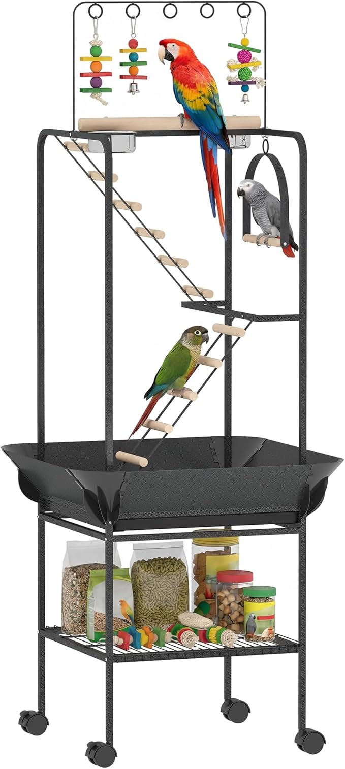 PawHut 64" H Rolling Bird Stand Parrot Playstand with Seed Guard & Wheels, Steel Bird Playground Gym with Ladders, Swing, Toy Hook & Bowls, Large Parrot Perch for Cockatiels, Conures, Parakeets
