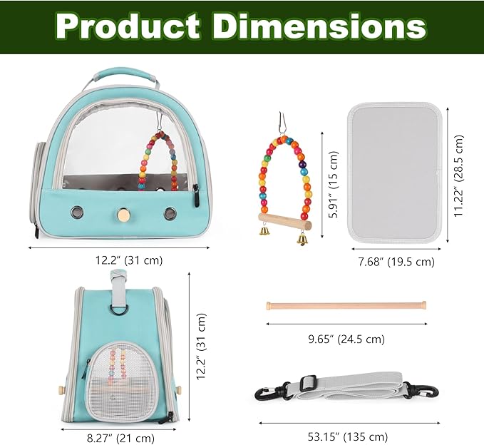 Portable Parrot Travel Cage Carrier with Small Swing Toy&Cage Colorful Toys Set Small Bird Parakeet Bag with Standing Perch Bird Carry Transport Bag (Green, Carreir/Swing)