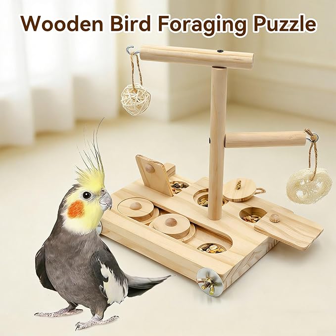 Interactive Wooden Bird Foraging Toy – Cage-Mounted Puzzle Feeder with Sliding Locks, Loofah & Vine Ball for Budgies, Cockatiels, Conures & Small Parrots