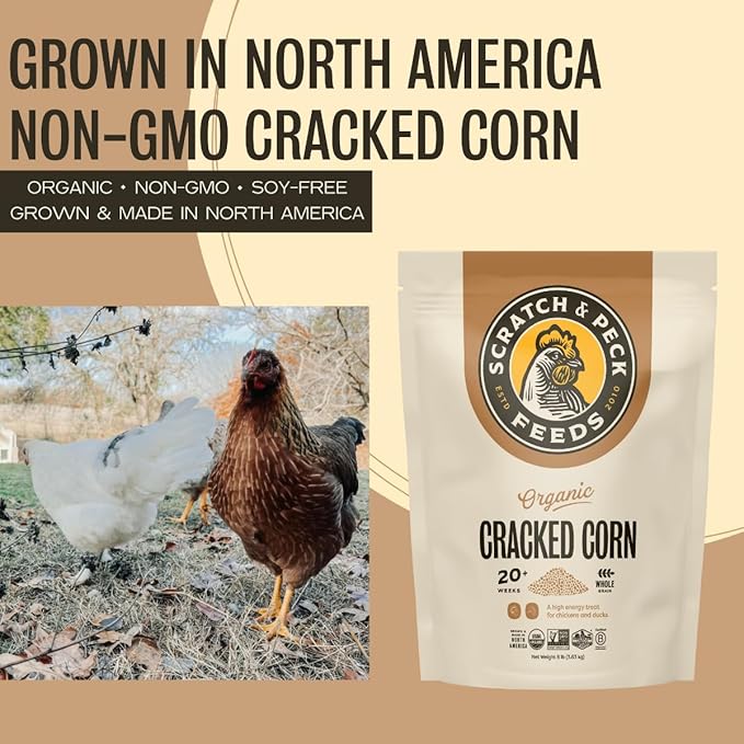 Scratch and Peck Cracked Corn Chicken, Duck and Livestock Supplemental Grain - 8 lbs Bag - 7.5% Protein, Certified Organic and Non-GMO Project Verified Chicken Food