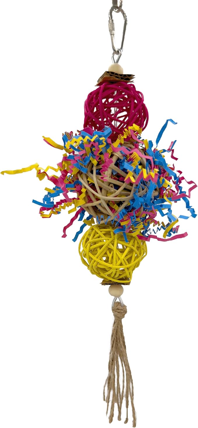 1701 Rainbow Rattan Bird Toy with Jute and Crinkle Paper – Shredding and Foraging Fun for Parakeets, Cockatiels, Conures, and Small Parrots – Natural Bird-Safe Toy for Cage Enrichment