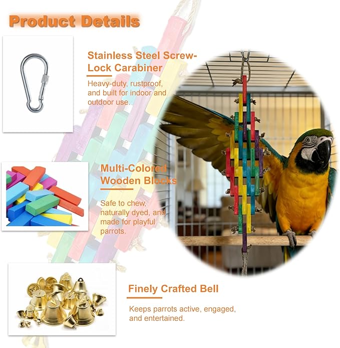 Wooden Bird Toy for Large Parrots – Natural Chewing Blocks with Locking Carabiner (Nut Tightening) for Macaws, Cockatoos, African Greys, Amazon Parrots – Non-Toxic, Colorful, Cage Accessory