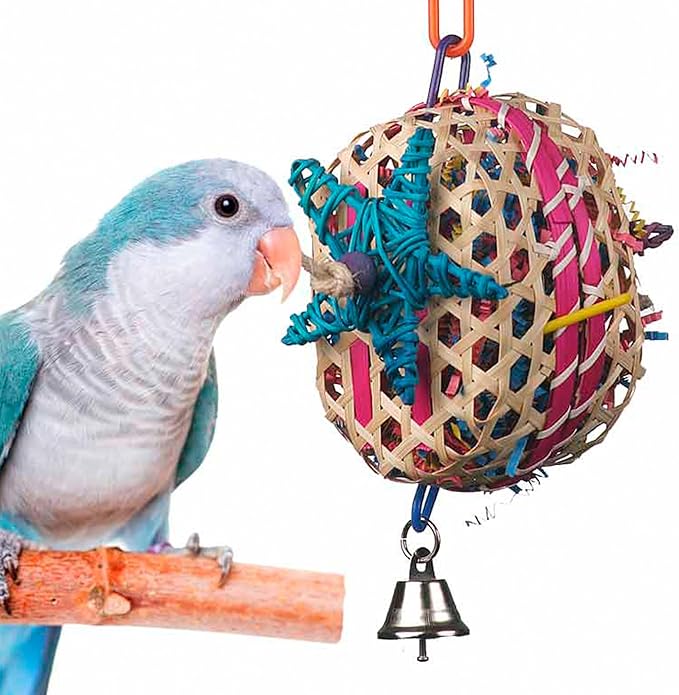 Super Bird Creations SB573 Basket Case Bird Toy - Ringnecks, Cockatiels, Parakeets, Parrots - Foraging Bird Toy with Colorful Paper Shred, Vine Stars, & Wooden Beads - for Medium Bird Size - 10" x 4"