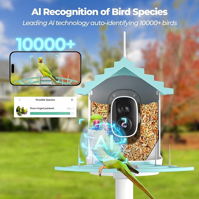 Smart Bird Feeder with Camera, Bird House with Solar Powered AI Recognition Instant Notifications, Feeder with Wireless Camera Ideal Gift for Bird Lover
