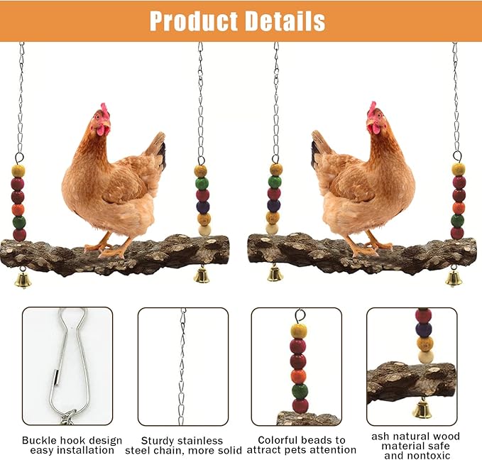 Chicken Bird Swing,Chicken Perch,Natural Wooden Swing Toys,Wood Stand for Chick,Safe and Relief of Stress,Chicken Coop Accessories,Coop Swing for Chicken Bird,Parrot,Hens (4pcs)