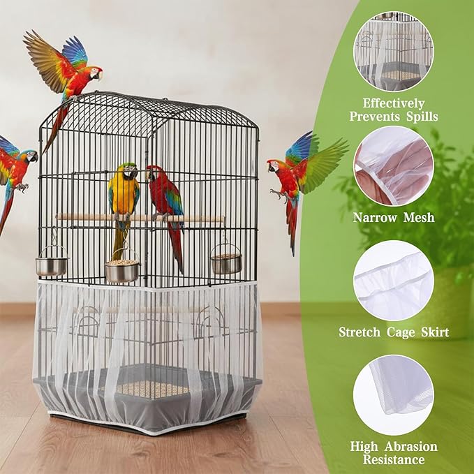 2 Pcs Bird Cage Netting Seed Catcher, Adjustable Skirt Bird Cage Net White Polyester Splash Guard for Parrot Finch Cages