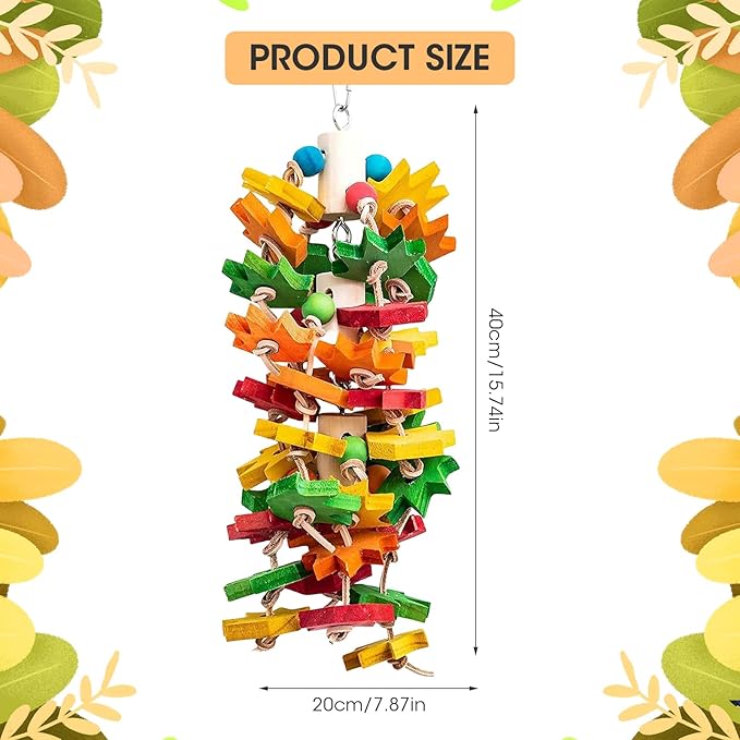 MQ Parrot Chewing Toy for Large and Small Parrots and Birds, Natural Wood Block Tearing Toy with Multicolored Maple Leaf Design, Beak Trimming Toy for African Grey Cockatoos and Amazon Parrots.
