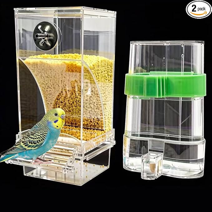 Automatic No Mess Bird Feeder Water Dispenser Set, Acrylic Transparent Parakeet Cage Accessories Bird Feeder and Waterers in Cage for Small and Medium Cockatiels, Finches, Lovebirds