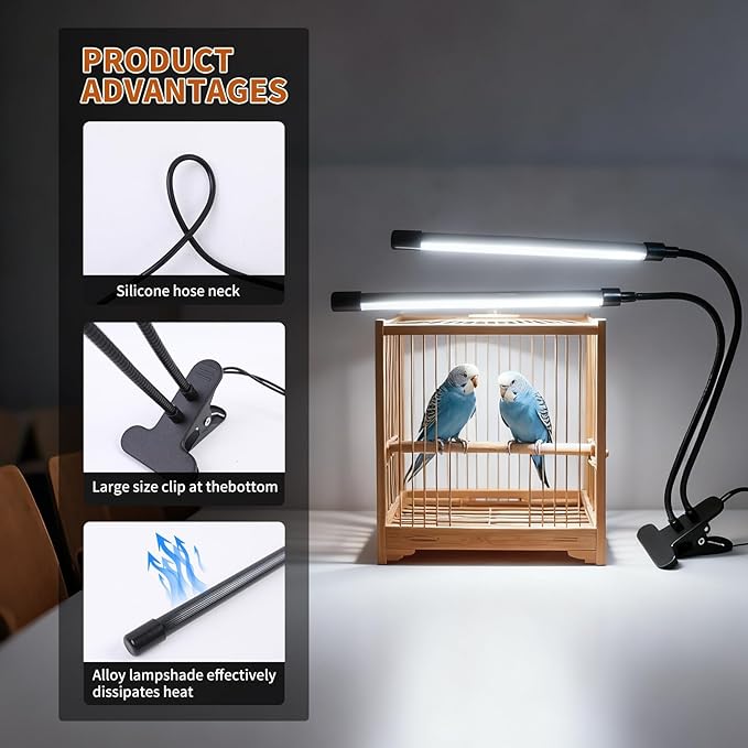 Bird Cage Light with Timer 10 Dimming Levels, 60 LED Beads, Bird Light Avian Lights for Birds Simulate Sunlight for Parrots & Pet Birds