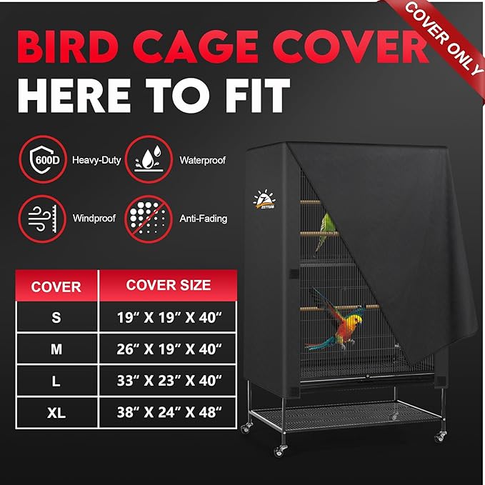 Zettum Bird Cage Cover - 600D Bird Cage Covers for Night Heavy Duty & Waterproof, Fade-Resistant Pet Bird Cage Cover Accessory for Parakeet, Parrot, Cockatiel and More Finches - 38 x 24 x 48 Inch