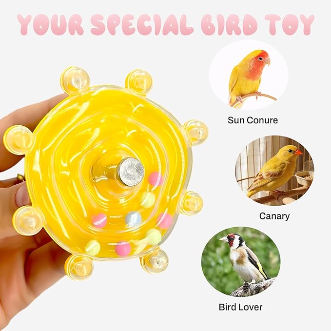 Parakeet Toys, 2 Pack Bird Toys for Parakeets - Interactive Colorful Spinner Wheel Rattle with Bell for Cockatiels, Budgies, Conures, Small Parrot Cage Chewing Exercise Enrichment Toys (Yellow & Pink)