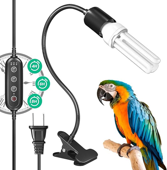 GlowUp Bird Light for Cage with Timer, Clip Lamp with UVB 2.4 Fluorescent Light Bulb E26, Bird Cage UVB Light Combo Kit 360°Rotatable for Captive Birds, Reptiles