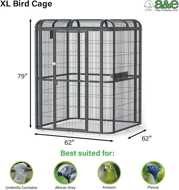 A&E Cage Co Walk-in Bird Aviary 62"x62"x79" Large Parrot Cage with Locking Door, 3 Swing-Out Feeder Doors, SS Bowls & Durable Powder Coated Finish for African Grey, Amazon, Pionus & Cockatoo