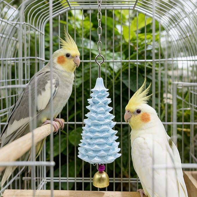 Bird Beak Grinding Stone - Tree Shaped Natural Mineral Parrot Chew Toy with Bell - Hanging Cage Accessories for Parakeets, Cockatiels, Budgies, Lovebirds & Small to Medium Birds