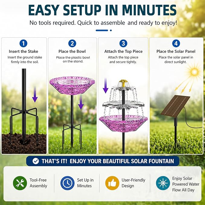 Bird Bath Fountain Solar for Outside, Outdoor Water Fountain Plastic, Attracts Birds with Cascading Spray for Yard & Patio (Purple(XL))