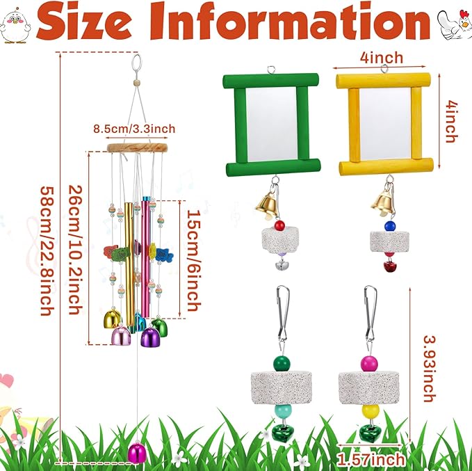 VioraWhite 7 Pcs Chicken Toys, Hanging Chicken Wind Chime, 2 Pcs Coop Mirror Toys with Bells 4 Pack Beak Grinding Stones, Musical Coop Accessories for Hens Roosters Chicks Poultry Birds(Yellow，Green)