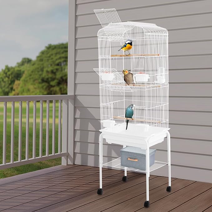 Large Bird Cage with Rolling Stand, Wrought Iron Movable Parrot Cage, Rectangular Flight Cage with Feeding Bowls for Parakeet Cockatiel Lovebird Canary (White-2)