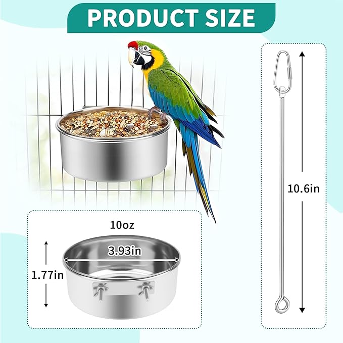 2 Pcs Bird Feeder Bowls with 2 Pcs Food Holder for Cage, Parrot Food Water Bowls and Fruit Skewer Foraging Toy, Stainless Steel Bird Feeding Dish Cups for Small Animals (Silvery, 4 Pcs)