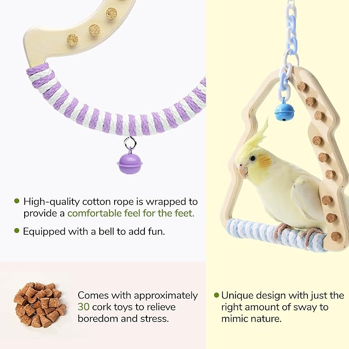 Natural Bird Swing - Moon-Shaped Parrot Perch with Bell and Cork Toys, Spinning Wooden Stand for Parakeets, Budgies, Lovebirds and Small/Medium Birds (White + Yellow)