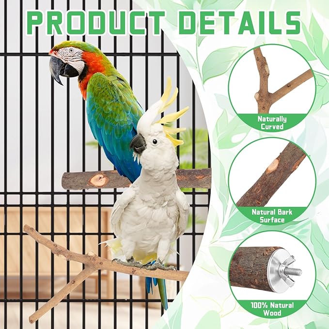 4-Pack Natural Wood Bird Perch Stand with Spacious Platform, Thick & Long Branches, Large Parrot Cage Accessories for African Grey, Macaws, Conures, Eclectus (Medium & Large Birds)