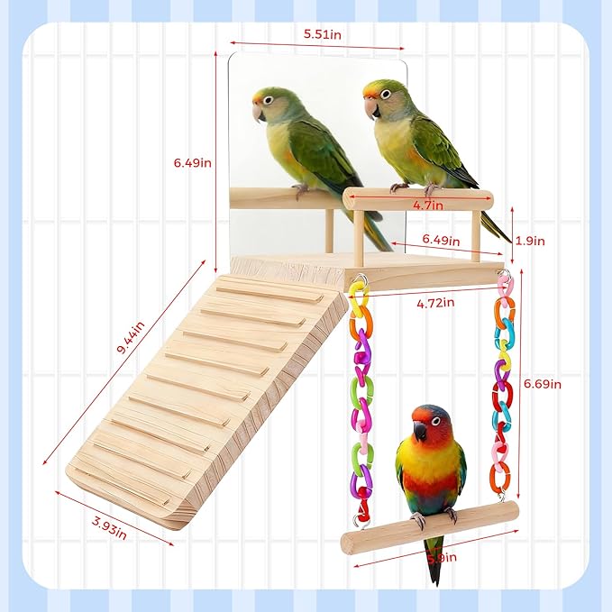Bird Perch Platform Toy Set (Includes Mirror, Climbing Ladder, and Swing) - Wooden Play Frame, Parrot Cage Accessories, Suitable for Budgerigars, Lovebirds, Canaries, and Various Other Birds