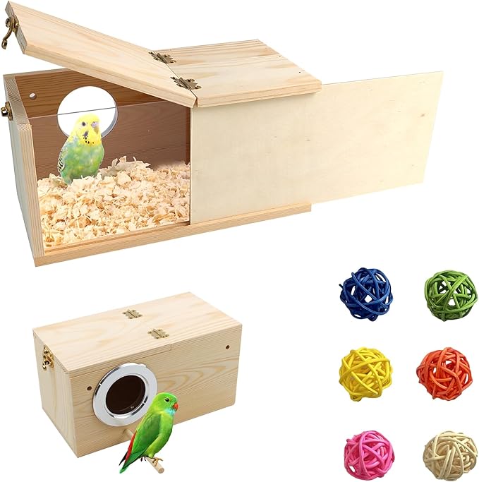 Large Parakeet Nesting Box,Transparent Parrot Breeding Box with Detachable Wooden Board Acrylic Visible Bird Cage House with Perch for Cockatiel Conure Budgie Lovebird Finch
