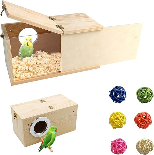 Large Parakeet Nesting Box,Transparent Parrot Breeding Box with Detachable Wooden Board Acrylic Visible Bird Cage House with Perch for Cockatiel Conure Budgie Lovebird Finch
