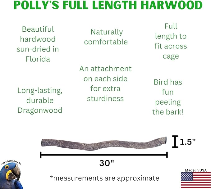 Polly's Full Length Hardwood Cage Perch for Parakeets, Cockatiels, Cockatoos, Macaws, and Other Birds (30")