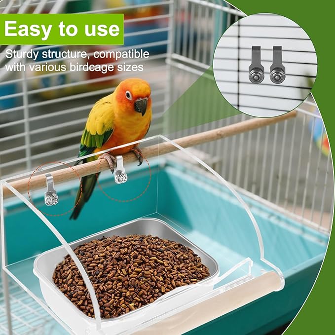 Bird Feeder for Cage,Transparent Parrot Feeder with Nonslip Wood Perch, Stainless Steel Birds Food Bowl Water Bowl, Bird Cage Seed Catcher for Small Medium Parakeet Cockatoos Lovebirds Budgies Conures
