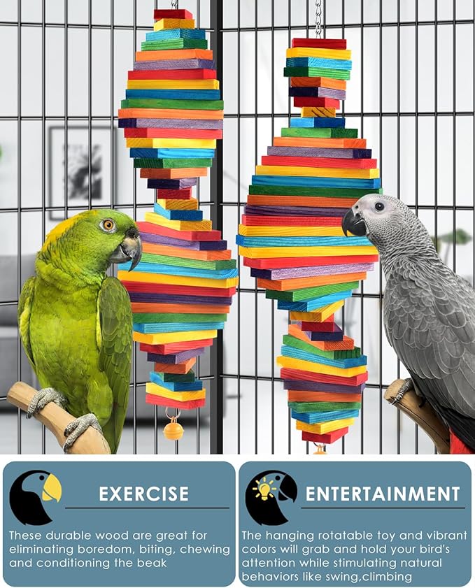 Bissap 2 PCS Bird Chew Toys, 20.8‘’ Multicolored Bagel Cascade Medium Large Parrot Chewing Sticks Biting Wooden Blocks Toy for Big Amazon Senegal Cockatoos Macaws African Grey Similar Sized Pet Birds