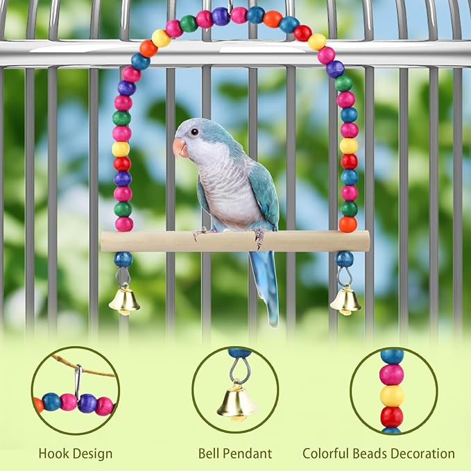 Wooden Bird Swing, 9 Inches Hanging Birds Cage Perches with Playing Bell, Natural Bird Chew Toys Boredom Breaker Bird Toys for Parakeets, Budgie, Cockatiel (Colorful, L)