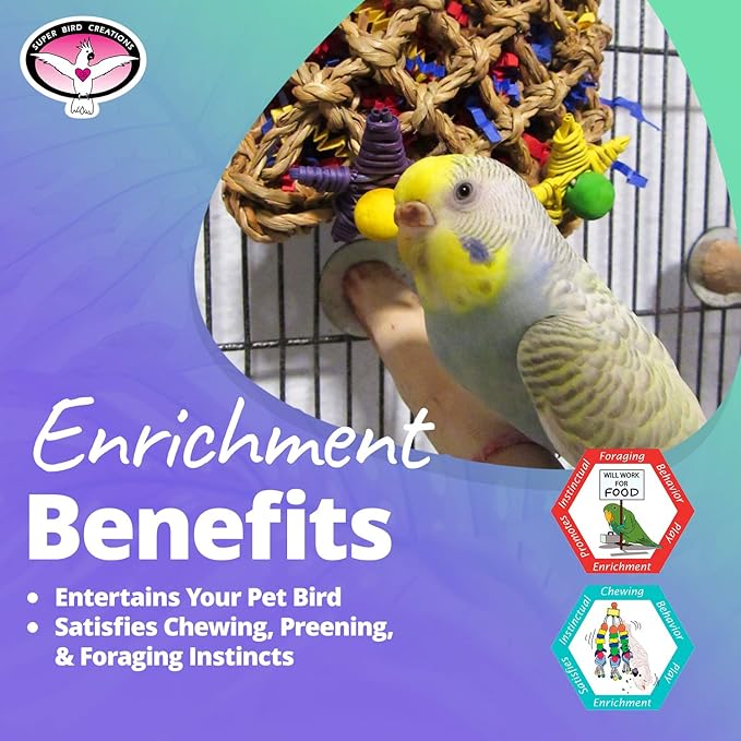 Super Bird Creations SB949 Pickin' Pocket - Ideal for Small to Medium Birds - Fun & Entertaining Foraging Bird Toy - Pickin’ Pocket Design - Bird Safe Component - 5” x 3” x 7.5”