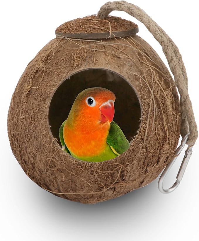 Hypeety Natural Coconut Shell Bird Nest House Hut for Pet Parrot Canary Finch Pigeon Cage Hamster Rat Gerbil Mice Cage Seed Feeder Toy (with Sturdy Hook)