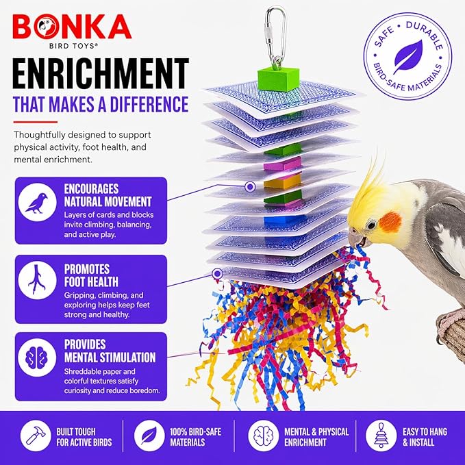 Bonka Bird Toys 1472 Poker 8" x 3.5" Paper Cards Crinkle Shred Foam Beads Wire Core Hanging Toy for Small Medium Birds Like Conures Senegals Caiques Meyers Foraging Chewing Enrichment