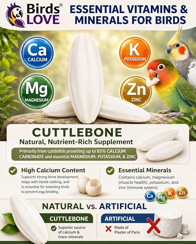 Birds LOVE 5.5-6″ Cuttlebones for Birds – 100% Natural Sun-Dried Calcium Carbonate Mineral Supplement – for Parakeets, Budgies, Cockatiels, Finches & Canaries – 4 lb with Holder – Made in Vietnam