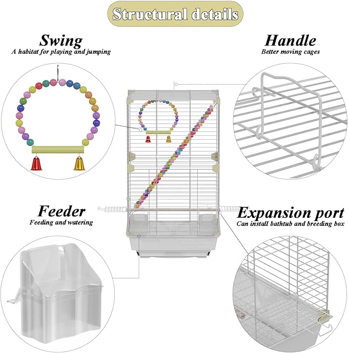 Pet Paradise Bird Cage, 14.6 x 11 x 24.8 inches, Metal Wire Construction, Multiple Perches and Feeders, for Parakeets, Canaries, Finches (White)